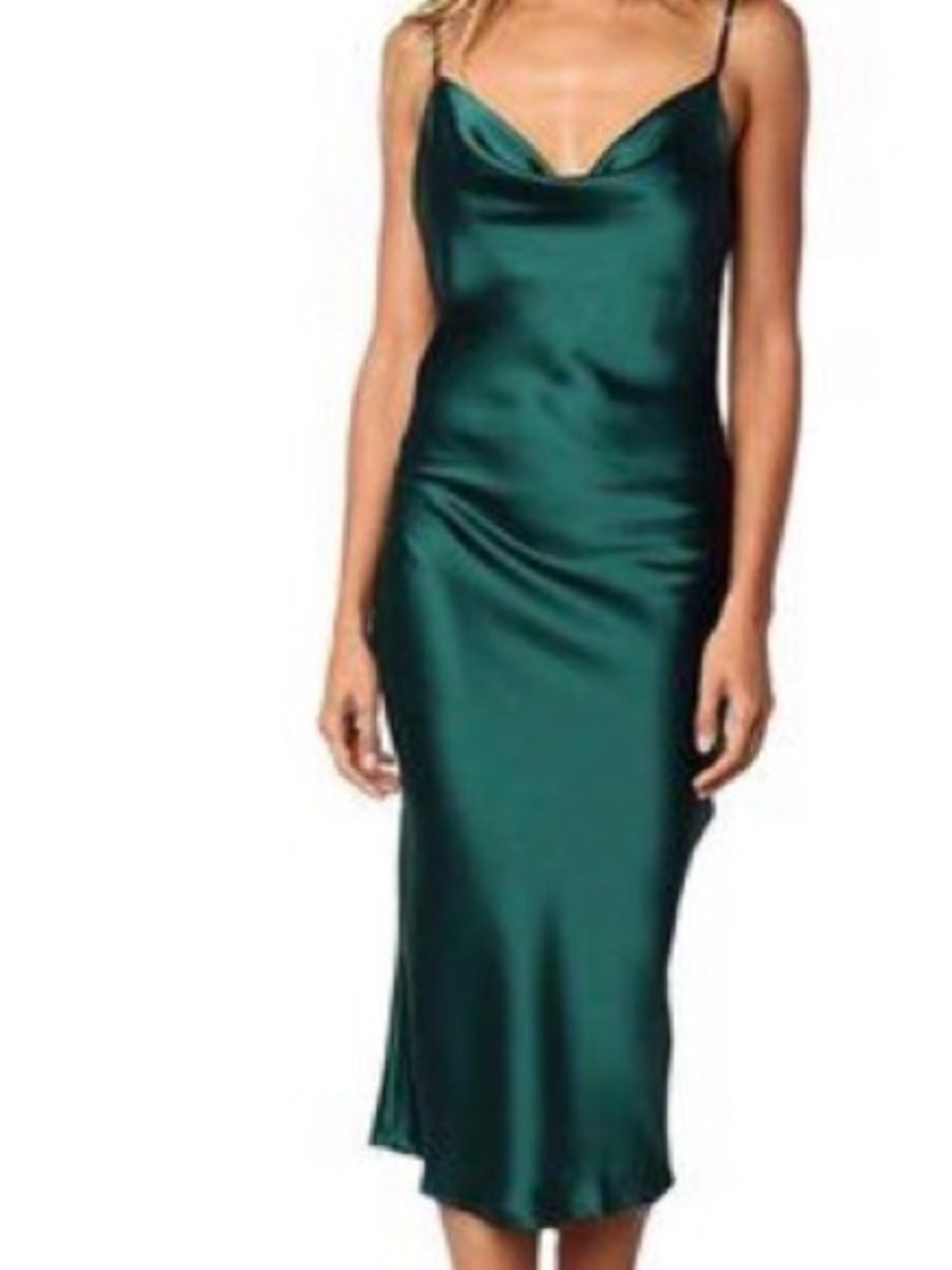 Satin Cowl Neck Midi Slip Dress - Emerald Green